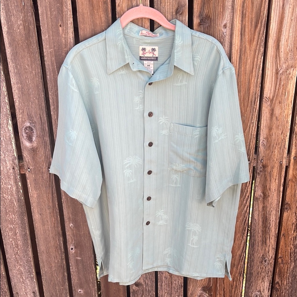 Reyn Spooner M Seafoam Green Button Down Shirt Short Sleeve Solid Palm Trees Men